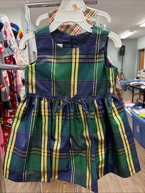 Bonnie Jean Green Navy and Gold Plaid Holiday Dress